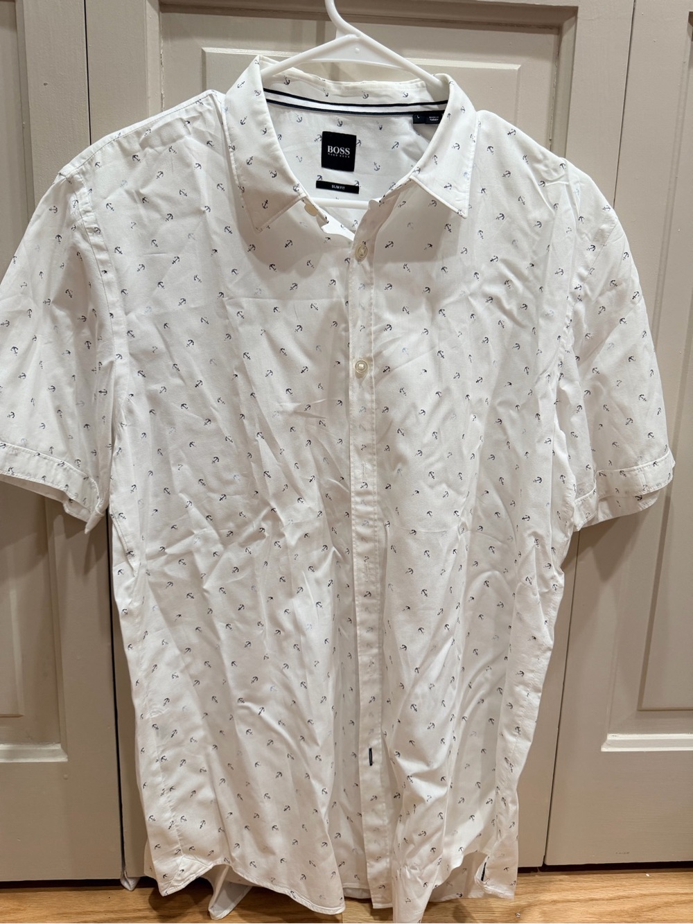 Hugo Boss White Short-Sleeve Button-Down with Navy Micro Anchor Print